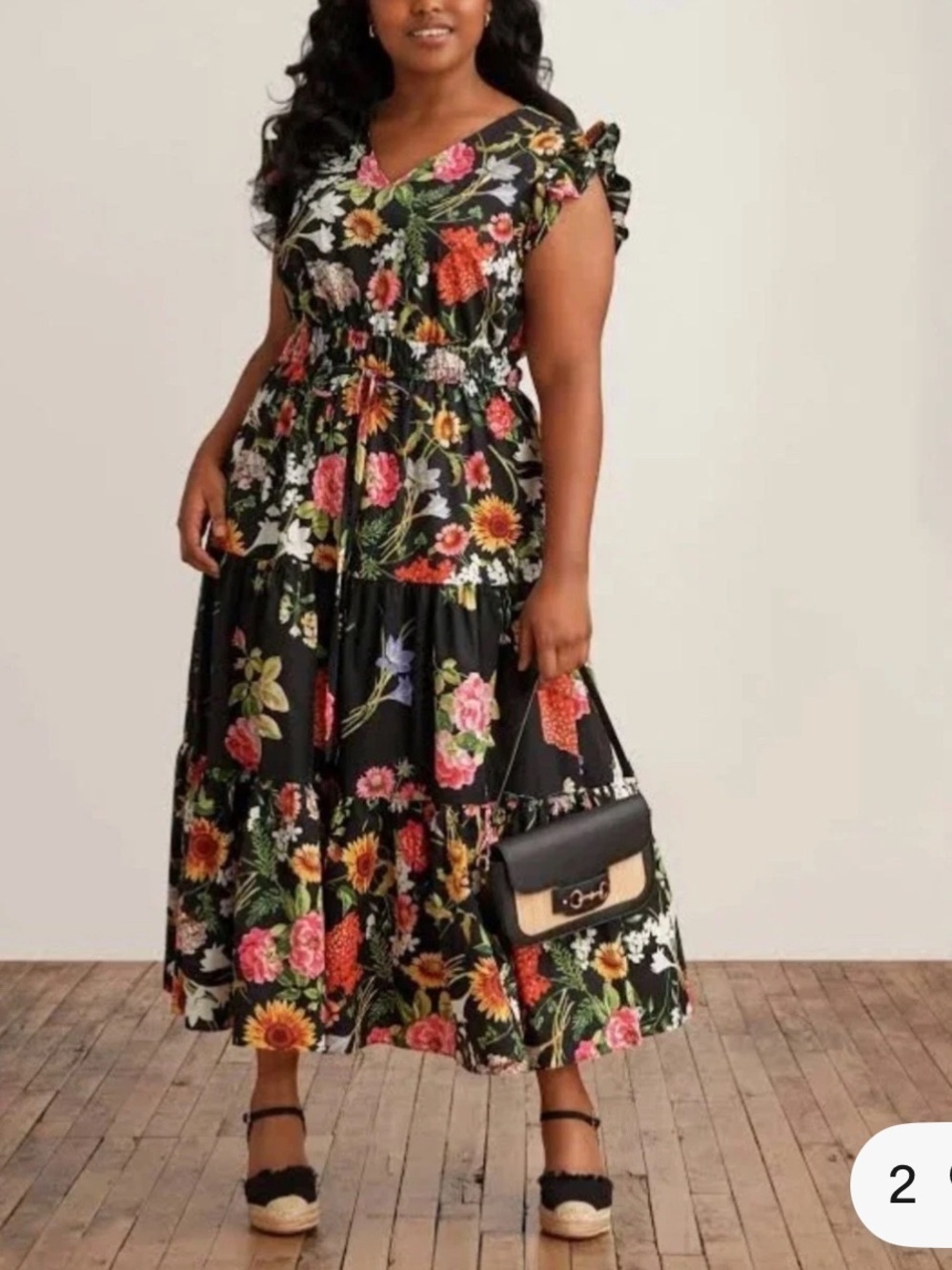 Anne Klein black floral cotton maxi dress ruffle sleeves sunflower hydrangeas S